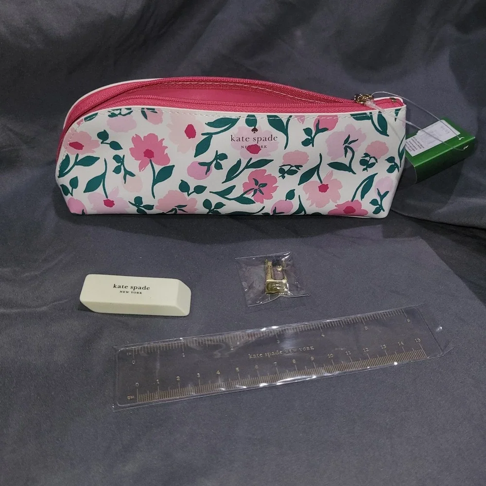 Kate Spade New York Floral Pencil Case Set with Ruler Eraser Sharpener NWT